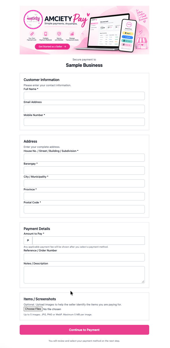 AMCIETY Pay customer payment page