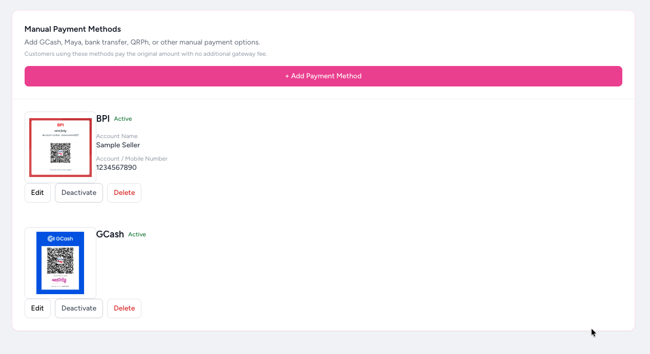 AMCIETY Pay manual payment methods including GCash and bank transfer