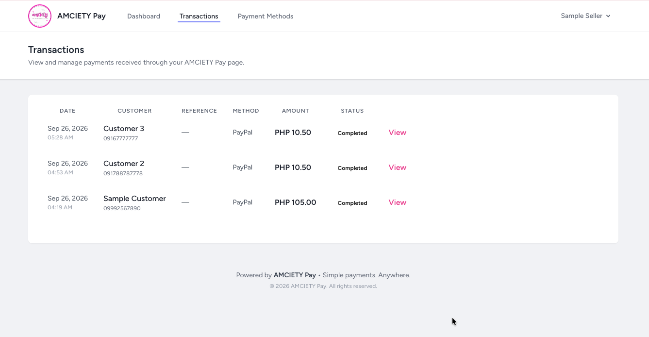 AMCIETY Pay transactions dashboard
