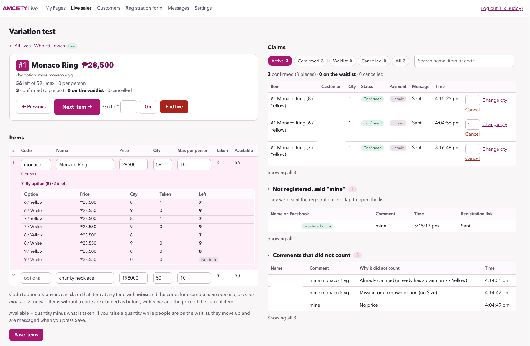 AMCIETY Live seller dashboard