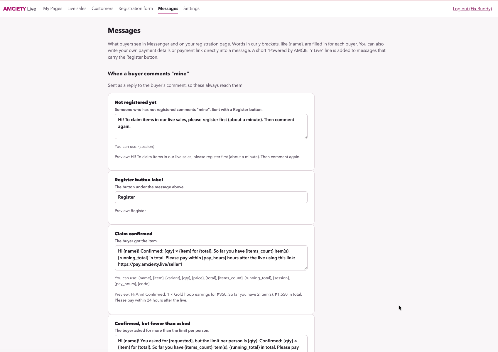 AMCIETY Live automated message settings