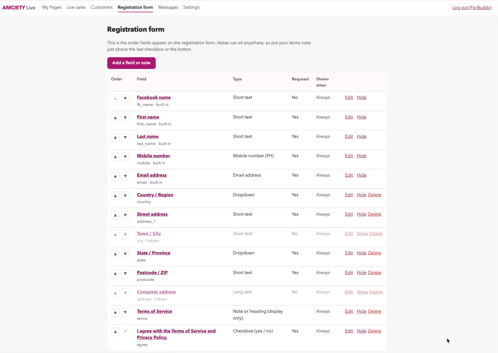 AMCIETY Live registration form settings